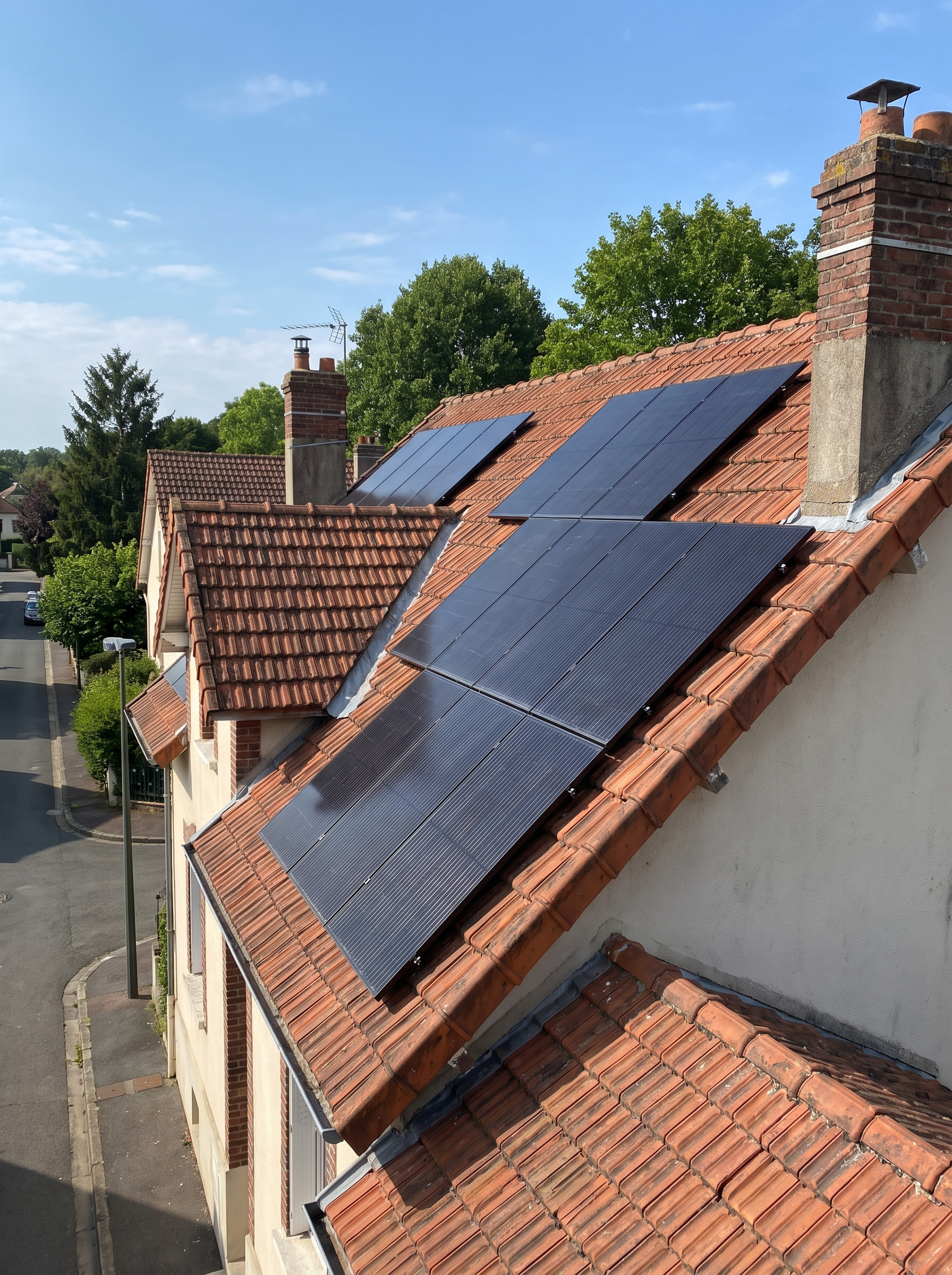 Panneaux solaires photovoltaïques installés sur une toiture en tuiles